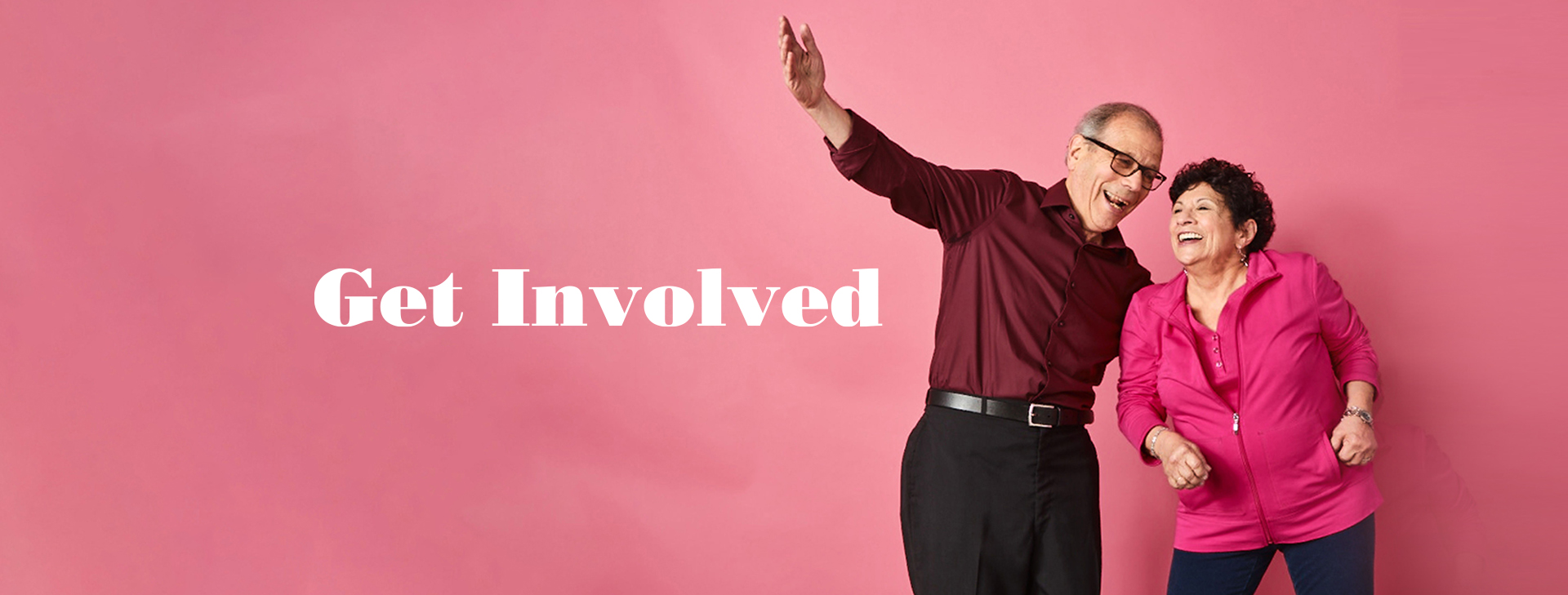 Get Involved banner with two people against a dark pink background