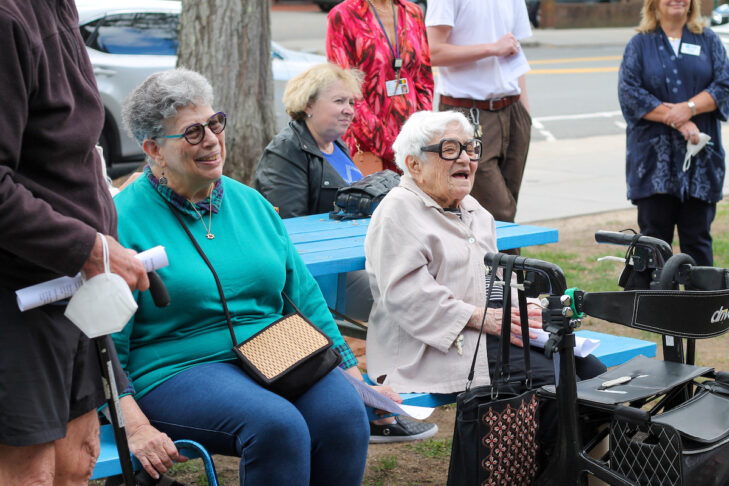 2Life Communities resident Rochelle Weil and Hebrew SeniorLife resident Anne Umansky celebrating their mobility at the Brookline Historical Association Lawn (Photo: Nate Hillyer)
