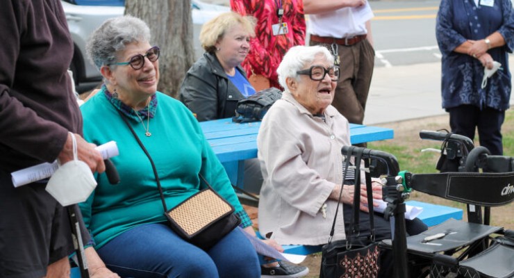 2Life Communities resident Rochelle Weil and Hebrew SeniorLife resident Anne Umansky celebrating their mobility at the Brookline Historical Association Lawn (Photo: Nate Hillyer)