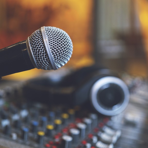 A sound studio setup with a microphone