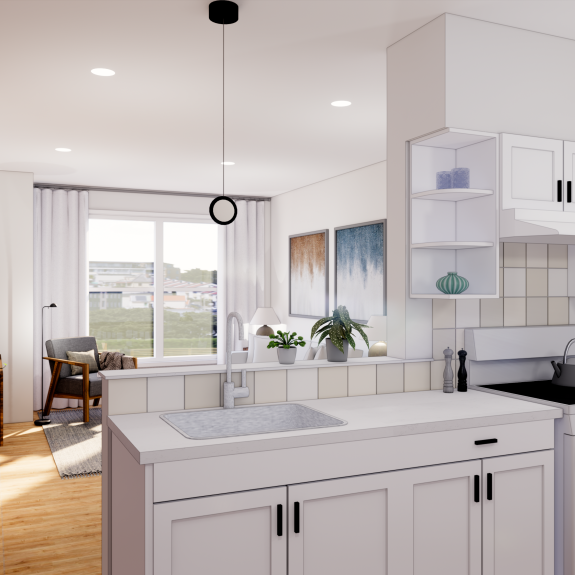 Rendering of a Leland House apartment kitchen area