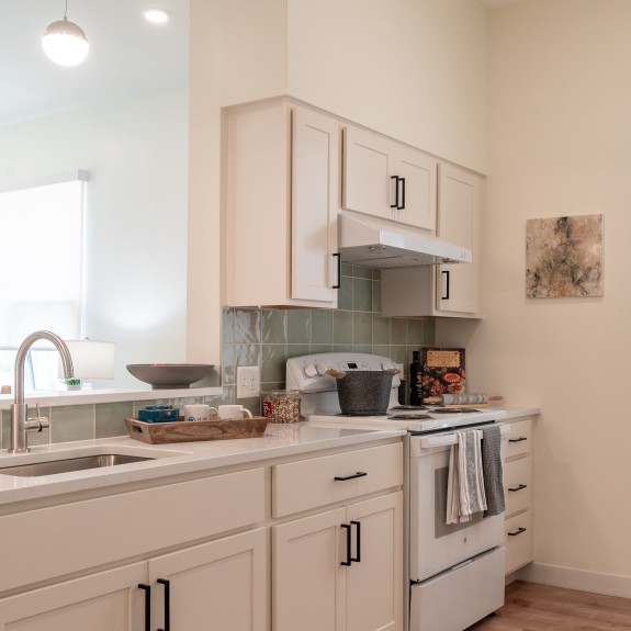 Interior photo of a Leland House apartment's kitchen