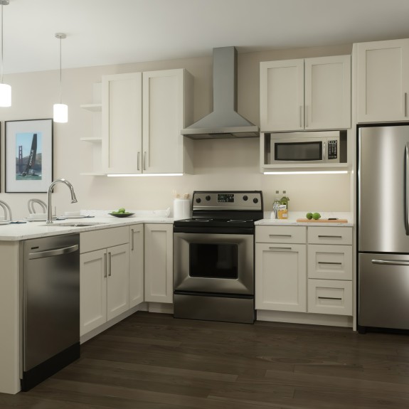 Interior rendering of an Opus Newton apartment kitchen