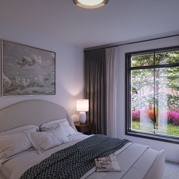 Interior rendering of an Opus Newton apartment bedroom