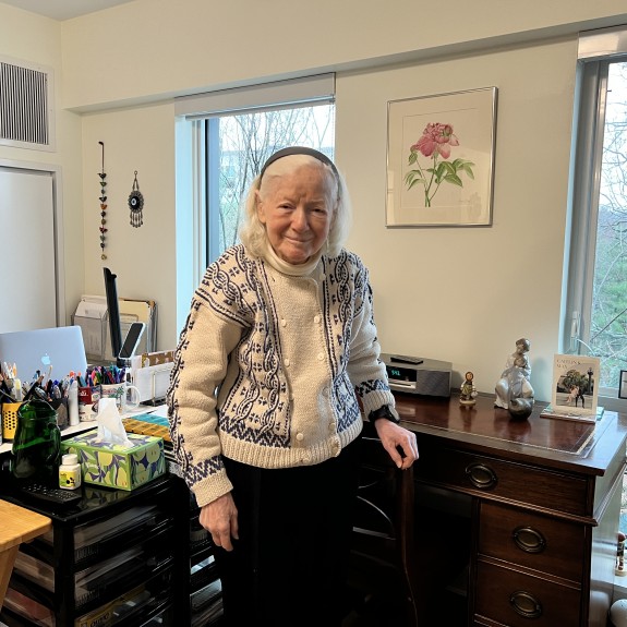 Shlomit Mintz inside her Newton apartment