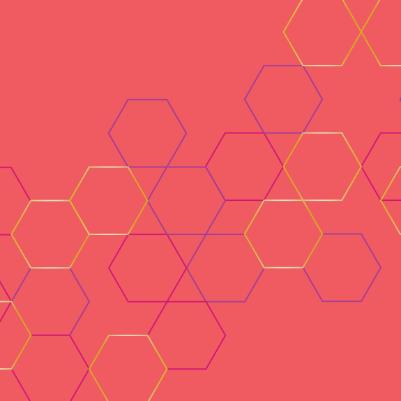 Abstract geometric pattern featuring interconnected hexagonal outlines in yellow, pink, and purple on a coral background. A modern and vibrant design element