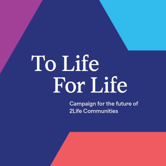 Web banner with "To Life For Life" in white text on a navy blue background, with colorful geometric shapes in purple, light blue, and red at the corners, and the tagline "Campaign for the future of 2Life Communities."