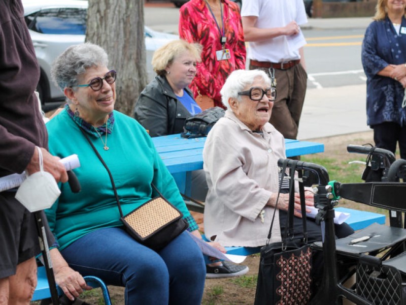 2Life Communities resident Rochelle Weil and Hebrew SeniorLife resident Anne Umansky celebrating their mobility at the Brookline Historical Association Lawn (Photo: Nate Hillyer)