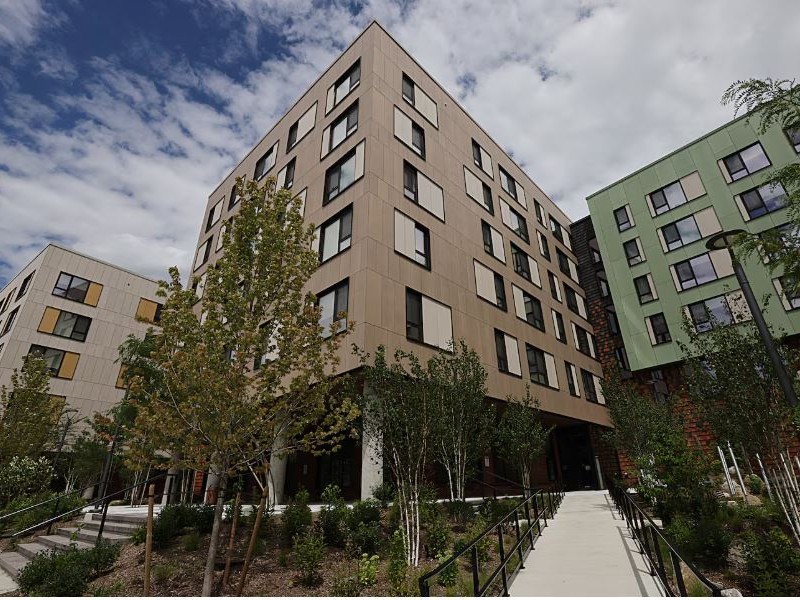 A view of J.J. Carroll House, which opened last year in Brighton, from Chestnut Hill Avenue. Suzanne Kreiter/Globe Staff