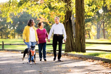 Three people and a dog walking in a park