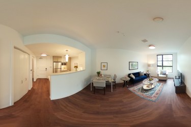 A panoramic view of a 1-bedroom apartment
