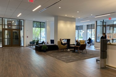 A building lobby area with places to sit