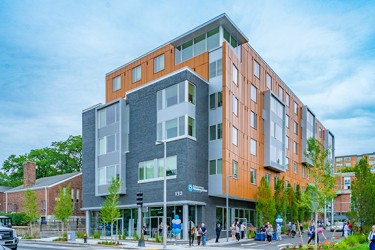 Outside view of a gray and orange building