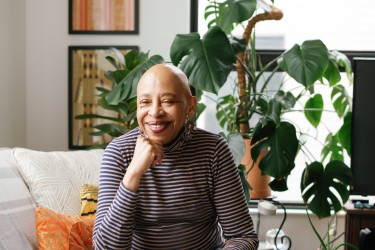 Katherine Wilkins inside her Brown Family House apartment in Brookline, MA